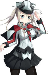 Rule 34 | 10s, 1girl, black pantyhose, blonde hair, blush, breasts, capelet, commentary request, cross, graf zeppelin (kancolle), hat, highres, impossible clothes, iron cross, jacket, kantai collection, kugehi, large breasts, long hair, long sleeves, military, military hat, military uniform, miniskirt, no gloves, pantyhose, peaked cap, sidelocks, simple background, skirt, solo, twintails, uniform, white background, white hat