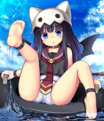 Rule 34 | 1girl, :o, anklet, bare shoulders, barefoot, black hair, blue eyes, blush, child, cloud, collarbone, day, emil chronicle online, feet, female focus, hat, highres, innertube, jewelry, kupuru (hirumamiyuu), long hair, looking at viewer, necktie, nidoegg alma, one-piece swimsuit, open mouth, outdoors, sailor collar, school swimsuit, sitting, sky, soles, solo, sparkle, splashing, swim ring, swimsuit, swimsuit under clothes, toes, water, wet, white one-piece swimsuit, white school swimsuit