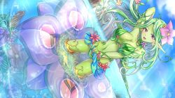Rule 34 | 1girl, alraune, aluru (monster musume), artist request, blue skirt, blush, breasts, clothes lift, colored skin, flower, green hair, green panties, green skin, hair flower, hair ornament, lifted by self, long hair, medium breasts, midriff, mole, mole under eye, monster girl, monster musume no iru nichijou, monster musume no iru nichijou online, navel, official art, open mouth, outdoors, panties, partially submerged, pink eyes, pink flower, plant girl, pointy ears, skirt, skirt lift, solo, sparkle, underwear, water