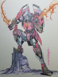 Rule 34 | alex milne, arcee, autobot, blue lips, breasts, dual wielding, flaming sword, flaming weapon, highres, holding, humanoid robot, insignia, medium breasts, robot, robot girl, science fiction, solo, sword, the transformers (idw), thighs, traditional media, transformers, weapon, yellow eyes