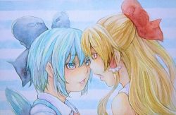 Rule 34 | 2girls, alternate hair color, bare shoulders, blonde hair, blue background, blue eyes, blue hair, cirno, eye contact, face-to-face, hair ribbon, hair tubes, hakurei reimu, half updo, heads together, looking at another, multiple girls, open mouth, painting (medium), ribbon, short hair, striped, striped background, touhou, traditional media, upper body, watercolor (medium), wings, yellow eyes, yuyu (00365676)