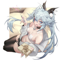 Rule 34 | 1girl, ahoge, bell, black collar, black skirt, black thighhighs, blue nails, box, breasts, collar, crop top, fingernails, gift, girls&#039; frontline, girls&#039; frontline neural cloud, grey jacket, hair between eyes, hair ornament, hairclip, heart, heart-shaped pupils, highres, holding, holding box, holding syringe, jacket, jingle bell, long fingernails, long hair, long sleeves, looking at viewer, medium breasts, miniskirt, multicolored nails, nail polish, navel, neck bell, open clothes, open jacket, open mouth, pa-15 (girls&#039; frontline), puffy long sleeves, puffy sleeves, purple nails, shanyao jiang tororo, short eyebrows, silver hair, skirt, solo, stomach, symbol-shaped pupils, syringe, thick eyebrows, thighhighs, twintails, very long hair