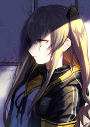 Rule 34 | 1girl, absurdres, black ribbon, brown hair, from side, girls&#039; frontline, hair between eyes, hair ornament, highres, hood, hood down, hooded jacket, jacket, kyo, light particles, long hair, looking afar, neck ribbon, one side up, open clothes, open jacket, parted lips, profile, ribbon, scar, scar across eye, scar on face, scarf, shirt, solo, ump45 (girls&#039; frontline), upper body, white shirt, yellow eyes