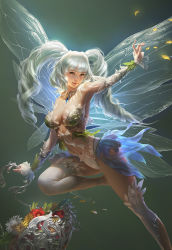 Rule 34 | 1girl, arm up, armpits, asymmetrical legwear, bare shoulders, basket, breasts, cleavage, detached sleeves, fairy wings, female focus, frills, hair ribbon, head tilt, holding, jewelry, kneehighs, large breasts, league of angels, lips, long hair, looking at viewer, mismatched legwear, navel, necklace, ornate, outstretched arm, outstretched leg, petals, realistic, ribbon, rike lee, sidelocks, silver hair, skirt, smile, socks, solo, thighhighs, twintails, white socks, wings, yellow eyes