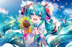 Rule 34 | absurdres, aqua hair, aqua necktie, blue eyes, blue sky, cloud, commentary, confetti, day, flower, frilled ribbon, frills, hair ornament, hair ribbon, hatsune miku, highres, holding, holding flower, huge filesize, long hair, looking at viewer, necktie, open mouth, ribbon, shirayuki towa, shirt, sky, sleeveless, sleeveless shirt, smile, solo, striped ribbon, sunflower, twintails, upper body, very long hair, vocaloid, white shirt