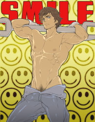 Rule 34 | 10s, 1boy, abs, mabataki, male focus, muscular, overalls, pectorals, seikimatsu occult gakuin, topless male, smile (occult gakuin), solo, tagme, undressing, wrench