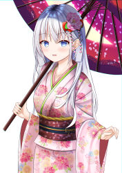 Rule 34 | 1girl, :d, absurdres, blue eyes, blush, collarbone, commentary request, cowboy shot, floral print, flower, hair flower, hair ornament, highres, holding, holding umbrella, japanese clothes, key (company), kimono, long hair, looking at viewer, mao sirahama, naruse shiroha, obi, oil-paper umbrella, open mouth, petal print, sash, smile, summer pockets, umbrella, white background, white hair, wide sleeves