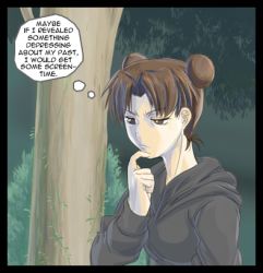 Rule 34 | 1girl, artist request, brown hair, double bun, english text, forest, fourth wall, hood, hoodie, lowres, naruto, naruto (series), nature, parody, plant, solo, tenten (naruto), thinking, thought bubble, tree, truth, vines