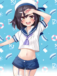 Rule 34 | 1girl, black hair, blue sailor collar, blue shorts, blush, breasts, brown eyes, crop top, fate/kaleid liner prisma illya, fate (series), garter straps, hair ornament, hairclip, hat, highres, long hair, looking at viewer, midriff, miyu edelfelt, mochi (k620803n), navel, neckerchief, open mouth, sailor collar, sailor hat, sailor shirt, shirt, short shorts, short sleeves, shorts, small breasts, smile, solo, thighhighs, thighs, white hat, white shirt