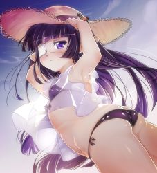 Rule 34 | 10s, 1girl, absurdres, armpits, arms up, ass, back, bare shoulders, bikini, black bikini, black hair, blue sky, blunt bangs, blush, butt crack, commentary request, eyepatch, flat ass, from behind, granblue fantasy, harvin, hat, highres, holding, holding clothes, holding hat, long hair, looking at viewer, looking back, lunalu (granblue fantasy), medical eyepatch, niko (tama), outdoors, pointy ears, purple eyes, see-through, side-tie bikini bottom, sky, solo, straw hat, sun hat, swimsuit