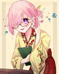 Rule 34 | 1girl, :d, adjusting hair, alternate costume, black-framed eyewear, blush, bow, fate/grand order, fate (series), floral print, framed, glasses, hair bow, hair over one eye, hand in own hair, harukappa, highres, japanese clothes, kimono, leaning forward, long sleeves, looking at viewer, mash kyrielight, open mouth, pink hair, print kimono, purple eyes, short hair, smile, solo, standing, yellow bow, yellow kimono