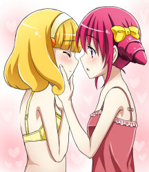 Rule 34 | 10s, 2girls, bad id, bad pixiv id, blonde hair, blush, bow, bra, camisole, couple, closed eyes, hair bow, hairband, hand on another&#039;s cheek, hand on another&#039;s face, heart, hoshizora miyuki, imminent kiss, kise yayoi, multiple girls, open mouth, pink eyes, pink hair, precure, short hair, smile precure!, tottoto tomekichi, underwear, white hairband, yuri