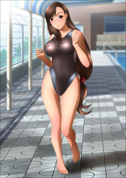 Rule 34 | 1990s (style), 1girl, absurdres, barefoot, blush, breasts, brown hair, collarbone, competition swimsuit, earrings, feet, female focus, final fantasy, final fantasy vii, full body, highres, jewelry, large breasts, legs, long hair, looking at viewer, one-piece swimsuit, pool, red eyes, solo, sunlight, sweat, swimsuit, thighs, tifa lockhart, toes, water, yadokari genpachirou