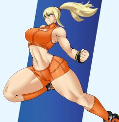 Rule 34 | 1girl, bare shoulders, blonde hair, blue background, blue eyes, boots, breasts, cleavage cutout, clenched teeth, clothing cutout, crop top, hair between eyes, highres, kyelyn, large breasts, long hair, metroid, midriff, mole, mole under mouth, narrow waist, navel, nintendo, samus aran, shorts, sidelocks, solo, teeth, thick thighs, thighs, two-tone background, wristband