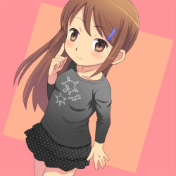 Rule 34 | 1girl, brown eyes, brown hair, child, hair ornament, hairclip, hand on own face, light smile, long hair, long sleeves, looking at viewer, meow (nekodenki), original, polka dot, shirt, simple background, skirt, solo, t-shirt, unmoving pattern