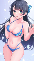 Rule 34 | 1girl, absurdres, arms up, bare shoulders, bikini, black hair, blue background, blue bikini, blue bow, blunt bangs, blush, bow, breasts, cleavage, collarbone, commentary request, cowboy shot, d4dj, fingernails, gradient background, green eyes, hair bow, halterneck, hand on own chest, highres, long hair, looking at viewer, medium breasts, multi-strapped bikini bottom, navel, parted lips, print bikini, solo, star (symbol), star print, stomach, swimsuit, thigh gap, togetsu rei, very long hair, yuzu ponzu (vgah7445)