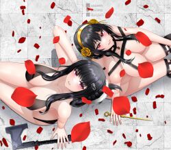 Rule 34 | 2girls, absurdres, axe, black hair, breasts, cleavage, d.d.g (ddg3420), d (killer wife) (nikke), d (nikke), dagger, flower, from above, goddess of victory: nikke, hatchet (axe), highres, holding, holding weapon, knife, large breasts, multiple girls, naughty face, rose, self-upload, spy x family, stiletto (weapon), thighhighs, trait connection, weapon, yor briar