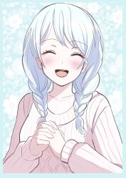 Rule 34 | 1girl, ^ ^, absurdres, bang dream!, blush, braid, closed eyes, facing viewer, floral background, highres, knit sweater, open mouth, own hands clasped, own hands together, sandman (gm4zfijcwbz3g4y), smile, solo, twin braids, upper body, wakamiya eve, white hair
