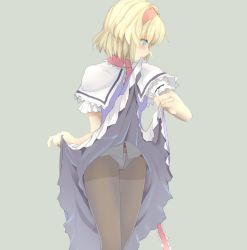 Rule 34 | 1girl, alice margatroid, blonde hair, blue dress, blue eyes, blush, brown pantyhose, capelet, clothes lift, cowboy shot, crotch seam, dress, dress lift, frills, grey background, hair intakes, hairband, ishikkoro, lifted by self, looking away, looking down, looking to the side, mouth hold, necktie, panties, panties under pantyhose, pantyhose, profile, puffy short sleeves, puffy sleeves, red necktie, short sleeves, simple background, skirt hold, solo, standing, touhou, underwear, white panties