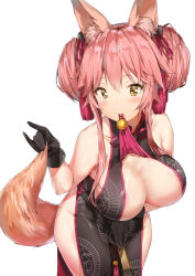 Rule 34 | 1girl, animal ears, areola slip, bare shoulders, black dress, black gloves, blush, breasts, china dress, chinese clothes, choker, cleavage, collarbone, dress, fang, fang out, fate/grand order, fate (series), folded fan, folding fan, fox ears, fox shadow puppet, fox tail, gloves, hair ribbon, hand fan, highres, koyanskaya (chinese lostbelt outfit) (fate), koyanskaya (fate), large breasts, leaning forward, looking at viewer, mouth hold, pink hair, pixel (yuxian), ribbon, side slit, sideboob, sidelocks, simple background, sleeveless, sleeveless dress, smile, solo, tail, tamamo (fate), tamamo no mae (fate/extra), white background, yellow eyes