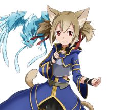 Rule 34 | 1girl, animal ears, armor, black skirt, breastplate, brown hair, cat ears, cat tail, dragon, hair ornament, hair ribbon, long hair, looking at viewer, mini dragon, miniskirt, multiple tails, pina (sao), pleated skirt, red eyes, red ribbon, ribbon, short twintails, silica, silica (sao-alo), skirt, solo, standing, sword art online, tail, transparent background, twintails, two tails