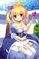 Rule 34 | 1girl, :d, absurdres, bare shoulders, blonde hair, blue bow, blush, bow, breasts, chair, cleavage, collarbone, crown, detached collar, dress, feathers, flower, garter straps, hair bow, hair flower, hair ornament, highres, holding, jewelry, large breasts, looking at viewer, miyasaka miyu, open mouth, original, plant, puffy short sleeves, puffy sleeves, purple eyes, ring, scepter, short sleeves, sitting, smile, solo, sparkle, striped, striped bow, thighhighs, twintails, water, white thighhighs