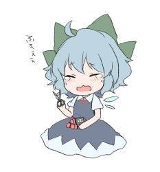 Rule 34 | 1girl, ahoge, blue dress, blue hair, blush, bow, chibi, cirno, closed eyes, collared shirt, crying, d:, dress, frown, full body, furrowed brow, green bow, hair bow, highres, holding, ice, ice wings, kuromame (8gou), neck ribbon, open mouth, pinafore dress, puffy short sleeves, puffy sleeves, red ribbon, ribbon, scissors, shirt, short hair, short sleeves, simple background, sitting, sleeveless dress, solo, tears, touhou, wavy hair, wavy mouth, white background, white shirt, wings