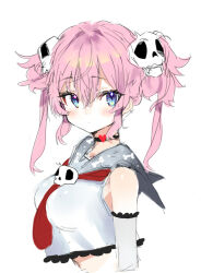 Rule 34 | 1girl, black choker, blue eyes, blush, bone print, breasts, choker, closed mouth, crop top, detached sleeves, hair between eyes, hair ornament, heart, looking at viewer, medium breasts, neckerchief, original, pinch (nesume), pink hair, red neckerchief, sailor collar, sidelocks, simple background, sketch, skull hair ornament, solo, twintails, upper body, white background