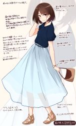 Rule 34 | 1girl, absurdres, bag, blue shirt, blue skirt, blush, bob cut, breasts, brown background, brown eyes, brown footwear, brown hair, closed mouth, commentary request, earrings, hand up, handbag, highres, holding, holding bag, jewelry, kapatarou, original, pendant, revision, sandals, see-through, shirt, short sleeves, skirt, small breasts, smile, solo, toenails, translation request, watch, wristwatch, zoom layer