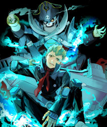 Rule 34 | 1boy, black jacket, black pants, blonde hair, captain kidd (persona), gloves, green eyes, grin, hanimo0404, hat, head tilt, highres, holding, jacket, long sleeves, looking at viewer, male focus, pants, persona, persona 5, pirate hat, sakamoto ryuuji, smile, solo, squatting, yellow gloves