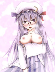 Rule 34 | 1girl, bad id, bad pixiv id, bespectacled, blush, breasts, crescent, crescent moon, ebony (ks fv), female focus, glasses, hat, highres, long hair, moon, nipples, patchouli knowledge, purple eyes, purple hair, shintani kyou, solo, touhou