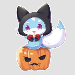 Rule 34 | :3, bell, bow, cat day, commentary request, fake whiskers, fox, grey background, halloween costume, hoshimame mana, inari (summer pockets), jack-o&#039;-lantern, jingle bell, looking at viewer, neck bell, no humans, open mouth, purple eyes, red bow, short eyebrows, simple background, sitting, smile, summer pockets, thick eyebrows, whiskers