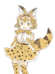 Rule 34 | 10s, 1girl, :d, adapted costume, animal ears, belt, blush, blush stickers, bow, bowtie, brown eyes, capelet, cat ears, cat tail, clenched hands, commentary, cowboy shot, cross-laced clothes, elbow gloves, gloves, kemono friends, light brown hair, looking at viewer, nose blush, onigiri (ginseitou), open mouth, serval (kemono friends), serval print, serval tail, shirt, short hair, simple background, skirt, sleeveless, sleeveless shirt, smile, socks, solo, striped tail, tail, tareme, thighhighs, white background, white shirt, zettai ryouiki