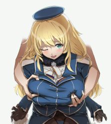Rule 34 | 1boy, 1girl, atago (kancolle), baconegg, beret, black gloves, blonde hair, blush, grabbing another&#039;s breast, breasts squeezed together, breasts, gloves, grabbing, grabbing from behind, green eyes, hat, hetero, highres, kantai collection, large breasts, long hair, military, military uniform, open mouth, pantyhose, short hair, smile, solo focus, uniform, white background