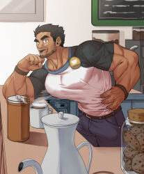 Rule 34 | 1boy, absurdres, alternate skin color, bara, barista, beard stubble, black hair, cafe, coffee, cookie, cookie jar, counter, dark-skinned male, dark skin, denim, elbow rest, employee uniform, facial hair, feet out of frame, food, highres, huge eyebrows, indoors, jeans, large pectorals, leaning forward, looking at viewer, lucas lee, male focus, muscular, muscular male, pants, pectorals, scott pilgrim (series), scott pilgrim takes off, shirt, short hair, short sleeves, smile, solo, stubble, t-shirt, tight clothes, tight shirt, uniform, v-taper, yeon (leyonkim)
