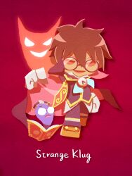 Rule 34 | 1boy, book, brown hair, cape, character name, chibi, clock, flat color, glasses, gloves, highres, holding, holding cape, holding clothes, klug (puyopuyo), male focus, nobuo eaka2724, open mouth, orange footwear, pants, purple-framed eyewear, purple pants, purple vest, puyopuyo, puyopuyo fever, rayman limbs, red background, red cape, red eyes, red theme, round eyewear, shirt, short hair, simple background, strange klug, vest, white gloves, white shirt, yellow trim