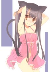 Rule 34 | 1girl, animal ears, armpits, arms up, babydoll, bare shoulders, black eyes, black hair, brown eyes, cat ears, cat tail, flat chest, light smile, looking at viewer, mofmof (sousa), no panties, original, see-through, smile, solo, tail
