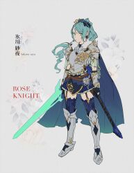 Rule 34 | 1girl, armor, armored boots, bang dream!, belt, black gloves, blue cape, blue flower, blue hair, blue rose, blue skirt, blue thighhighs, boots, cape, closed mouth, commentary, earrings, electric guitar, energy sword, english commentary, english text, flower, full body, garter straps, gauntlets, gloves, green eyes, grey background, guitar, hair flower, hair ornament, highres, hikawa sayo, instrument, jewelry, long hair, looking at viewer, ponytail, rekari (rekari628), rose, skirt, solo, striped clothes, striped thighhighs, sword, thighhighs, weapon