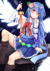 Rule 34 | 1girl, absurdres, adapted costume, akiteru (akiteru98), arm support, arm up, bare shoulders, black background, blue hair, blue sash, blue skirt, blush, boots, bow, bowtie, breasts, brown footwear, center frills, commentary, cross-laced footwear, detached sleeves, eyes visible through hair, feet out of frame, food, frills, fruit, glowing, glowing wings, grin, hair over one eye, head tilt, highres, hinanawi tenshi, holding, holding sword, holding weapon, juliet sleeves, keystone, knee up, lace-up boots, leaf, light particles, long hair, long sleeves, looking at viewer, medium breasts, miniskirt, no headwear, parted lips, peach, petticoat, pleated skirt, puffy sleeves, red bow, red bowtie, red eyes, sash, shirt, short hair, shoulder tattoo, sitting, skirt, smile, solo, sword, sword of hisou, tattoo, thighs, touhou, very long hair, weapon, white shirt, wings