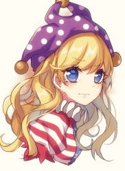 Rule 34 | 1girl, american flag, blonde hair, blue eyes, clownpiece, commentary request, frilled shirt collar, frills, hat, highres, jester cap, kyouda suzuka, long hair, looking at viewer, neck ruff, polka dot, short sleeves, solo, star (symbol), star print, touhou, upper body, very long hair
