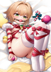 Rule 34 | 1girl, absurdres, ahoge, antenna hair, arms behind back, ass, ball gag, bdsm, bed, bed sheet, bell, blush, bondage, bound, bound arms, bound breasts, bound legs, bound torso, bow, bowtie, breasts, brown hair, candy, candy cane, cardcaptor sakura, christmas, christmas ornaments, christmas present, crotch rope, dot nose, drooling, embarrassed, female focus, flan ling, food, full body, gag, gagged, gift, gift card, gift wrapping, green eyes, highres, huge filesize, kinomoto sakura, leaking, looking afar, looking at viewer, looking to the side, looking up, lying, medium breasts, medium hair, on back, on bed, perky breasts, presenting, pussy juice, ribbon, ribbon bondage, saliva, santa costume, see-through, see-through legwear, sheet, skin tight, skindentation, solo, sweat, sweatdrop, tearing up, tears, thighhighs, thighs, toes, white background, white sheet