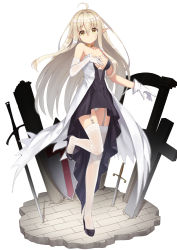 1girl ahoge bare_shoulders black_dress black_footwear blonde_hair blush breasts choker closed_mouth collarbone commentary_request dress elbow_gloves female_focus full_body garter_straps gloves hair_between_eyes head_tilt heijialan leg_up long_hair looking_at_viewer medium_breasts original panties planted planted_sword planted_weapon shoes single_elbow_glove single_glove smile solo standing standing_on_one_leg sword thighhighs underwear very_long_hair weapon white_background white_gloves white_panties white_thighhighs yellow_eyes