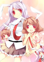 Rule 34 | 4girls, :x, animal ears, bad id, bad pixiv id, brown hair, carrot, chibi, dual persona, fang, female focus, frills, holding hands, inaba tewi, laughing, lk (artist), long hair, miniskirt, multiple girls, necktie, pleated skirt, purple hair, rabbit ears, red eyes, red necktie, reisen udongein inaba, short hair, skirt, smile, standing, touhou