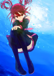 Rule 34 | 1girl, ashuho, bad id, bad pixiv id, bare shoulders, black thighhighs, boots, bubble, colored eyelashes, detached sleeves, drill hair, floating hair, kasane teto, looking at viewer, red eyes, red hair, short hair, solo, thigh boots, thighhighs, twin drills, twintails, underwater, utau, zettai ryouiki