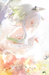 Rule 34 | 1girl, absurdres, alternate costume, animal ears, arknights, artist name, bare shoulders, bloom, breasts, cat ears, closed mouth, dress, dutch angle, english text, closed eyes, from side, gradient hair, green hair, hand up, highres, kal&#039;tsit (arknights), large breasts, multicolored hair, omone hokoma agm, orange dress, profile, short hair, signature, silver hair, smile, soap bubbles, solo, upper body