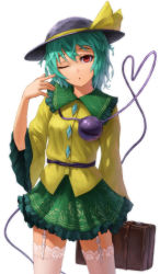 Rule 34 | 1girl, arm up, bad id, bad pixiv id, briefcase, buttons, eyeball, female focus, frilled skirt, frills, garter straps, green hair, hat, hat ribbon, heart, heart of string, holding, komeiji koishi, kurione (zassou), one eye closed, open mouth, red eyes, ribbon, sash, short hair, simple background, skirt, solo, thighhighs, third eye, touhou, white background, white thighhighs, wide sleeves, wink, zettai ryouiki