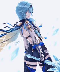 Rule 34 | 1girl, back, bare back, black thighhighs, blue hair, breasts, cloak, eula (genshin impact), eyebrows hidden by hair, genshin impact, hair between eyes, hairband, holding, holding sword, holding weapon, ice, looking at viewer, looking back, medium breasts, short hair, silberein, simple background, smile, solo, sword, thighhighs, weapon, white background, yellow eyes
