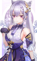 Rule 34 | 1girl, arm guards, bare shoulders, black gloves, breasts, choker, commentary request, cone hair bun, detached sleeves, diamond-shaped pupils, diamond (shape), dress, earrings, flower, frills, genshin impact, gloves, hair between eyes, hair bun, hair ornament, hand up, highres, jewelry, keqing (genshin impact), kfr, large breasts, lips, long hair, looking at viewer, purple eyes, sidelocks, silver hair, sleeveless, sleeveless dress, smile, solo, symbol-shaped pupils, twintails, upper body