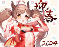 Rule 34 | 1girl, 2024, ahoge, armpits, blush, breasts, brown hair, chinese zodiac, dragon girl, groping motion, highres, horns, long hair, nails, navel, open mouth, orange eyes, qianlou (qianlou12374), scales, simple background, small breasts, translation request, twintails, wings