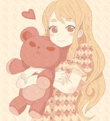 Rule 34 | 1girl, argyle, blonde hair, blush, casual, hugging doll, drawr, eyebrows, heart, k-on!, kotobuki tsumugi, kousuke102, kuzu kow, long hair, hugging object, oekaki, red eyes, smile, solo, stuffed animal, stuffed toy, teddy bear, upper body